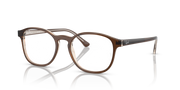 Prescription eyewear frames, brown rectangular with white lenses and metal arms