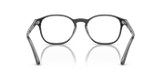Prescription eyeglass frames, dark gray, underside view showing bridge and temples