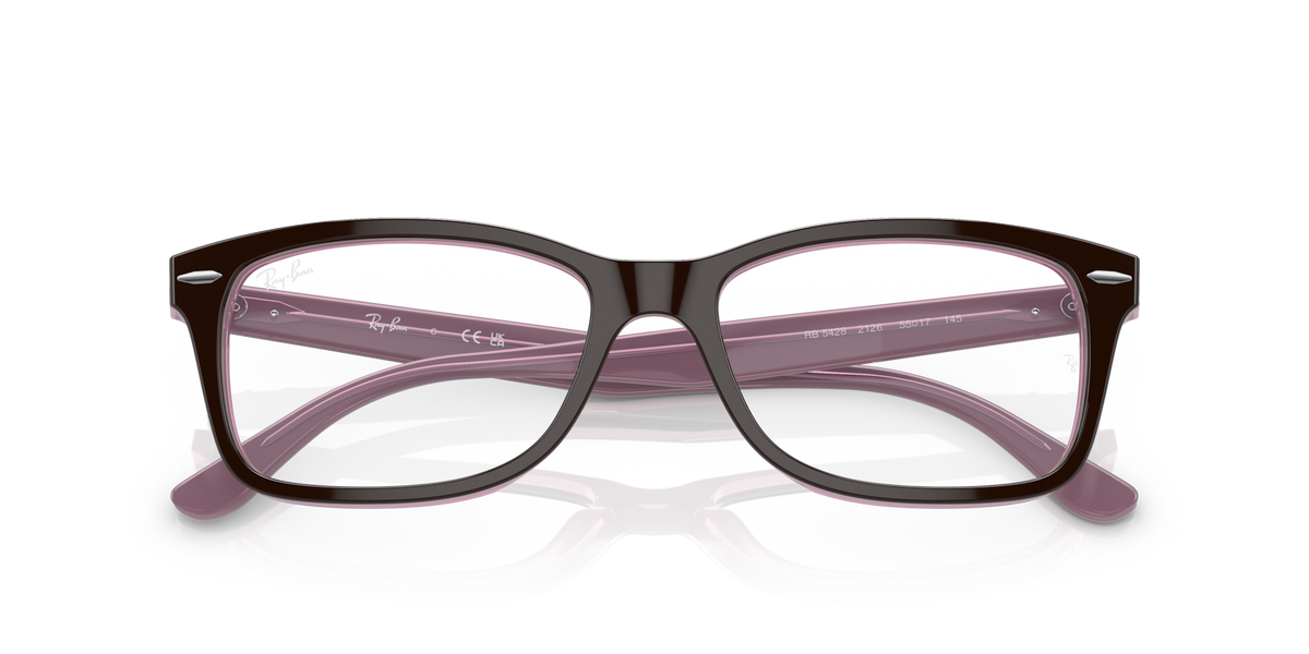 Ray-Ban RX5428 prescription frames, angled front view in pink-purple with clear lenses