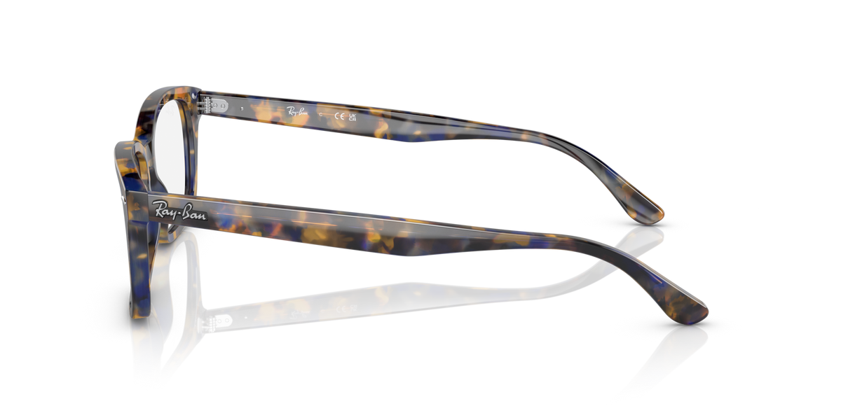 Ray-Ban blue-gray tortoiseshell eyeglass frames, side profile with metal hinge