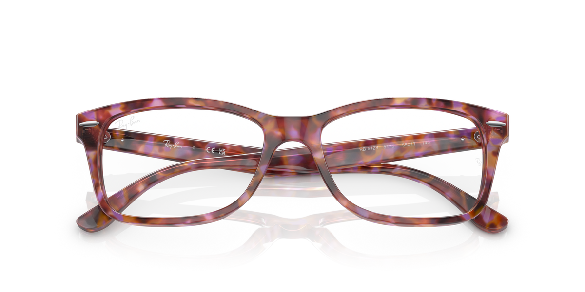 Ray-Ban pink tortoiseshell eyeglass frames, front view with visible temple text