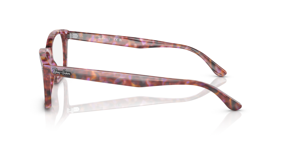 Ray-Ban pink tortoiseshell eyeglass frames, side profile with metal hinge