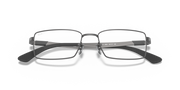 Gunmetal prescription eyewear frames with rectangular lenses, low front angle