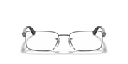 Gunmetal prescription eyewear frames with rectangular lenses, straight-on front view