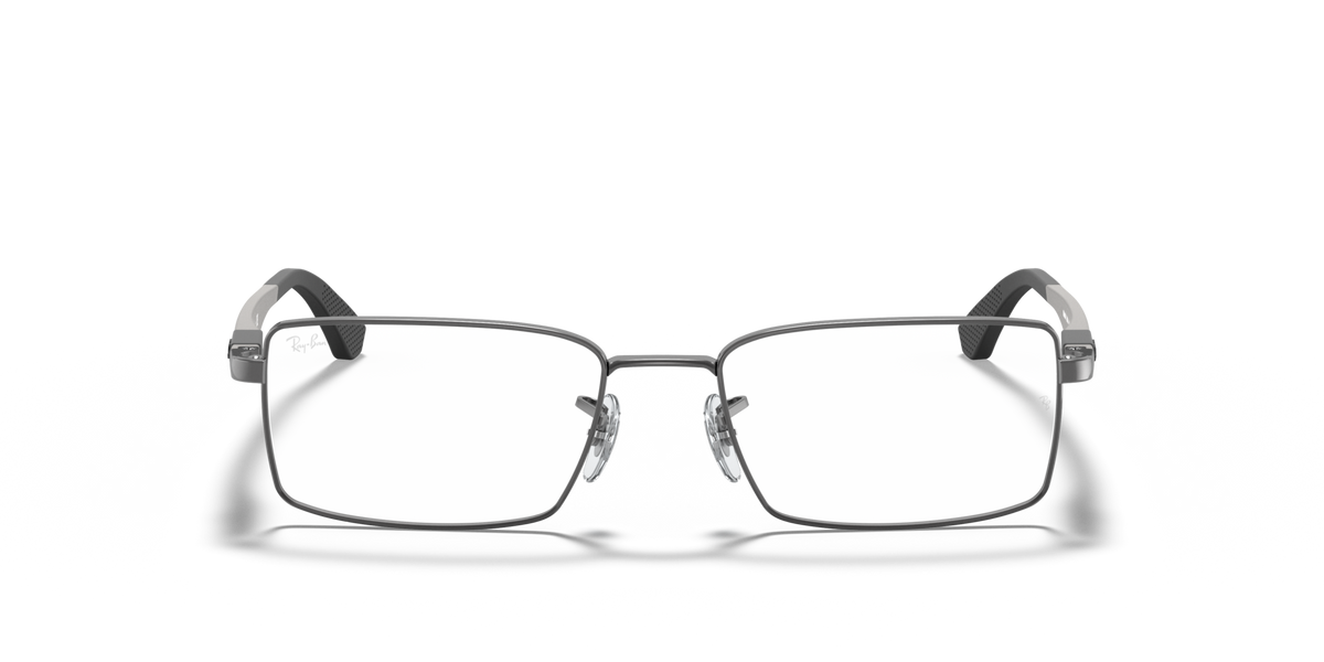 Gunmetal prescription eyewear frames with rectangular lenses, straight-on front view