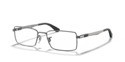 Gunmetal prescription eyewear frames with rectangular lenses, front three-quarter view