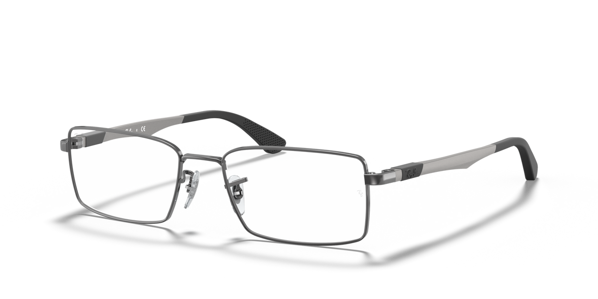 Gunmetal prescription eyewear frames with rectangular lenses, front three-quarter view