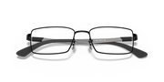 Gunmetal prescription eyewear frames with rectangular lenses, low front angle
