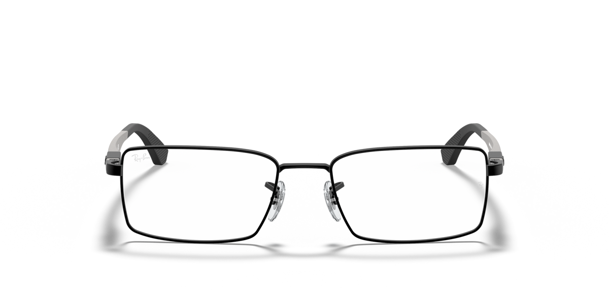 Gunmetal prescription eyewear frames with rectangular lenses, straight-on front view
