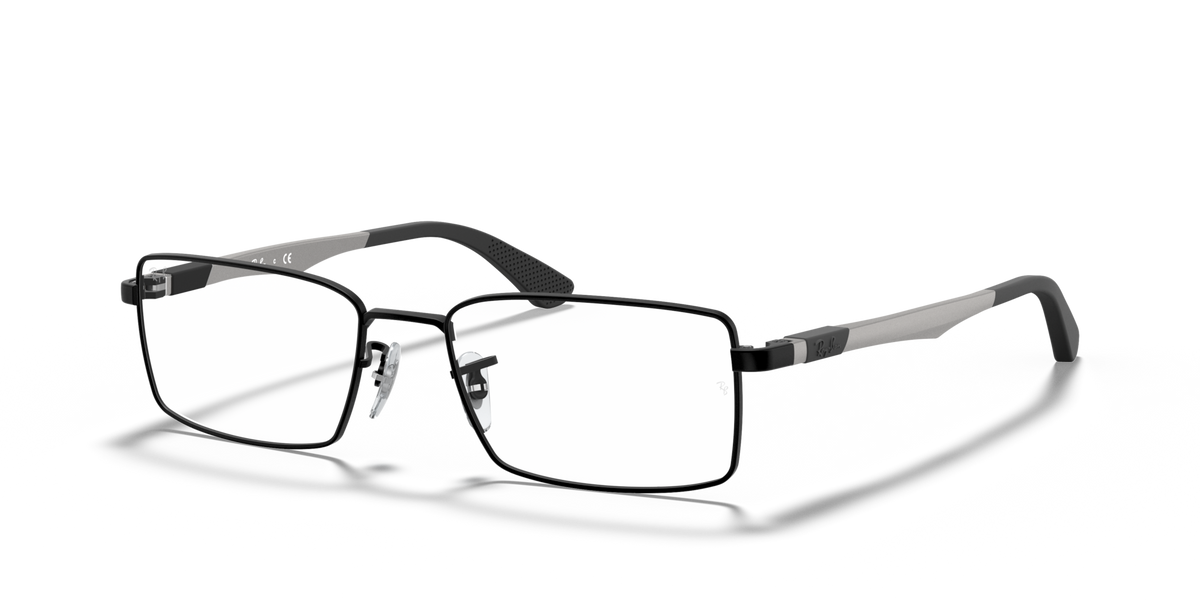 Gunmetal prescription eyewear frames with rectangular lenses, front three-quarter view