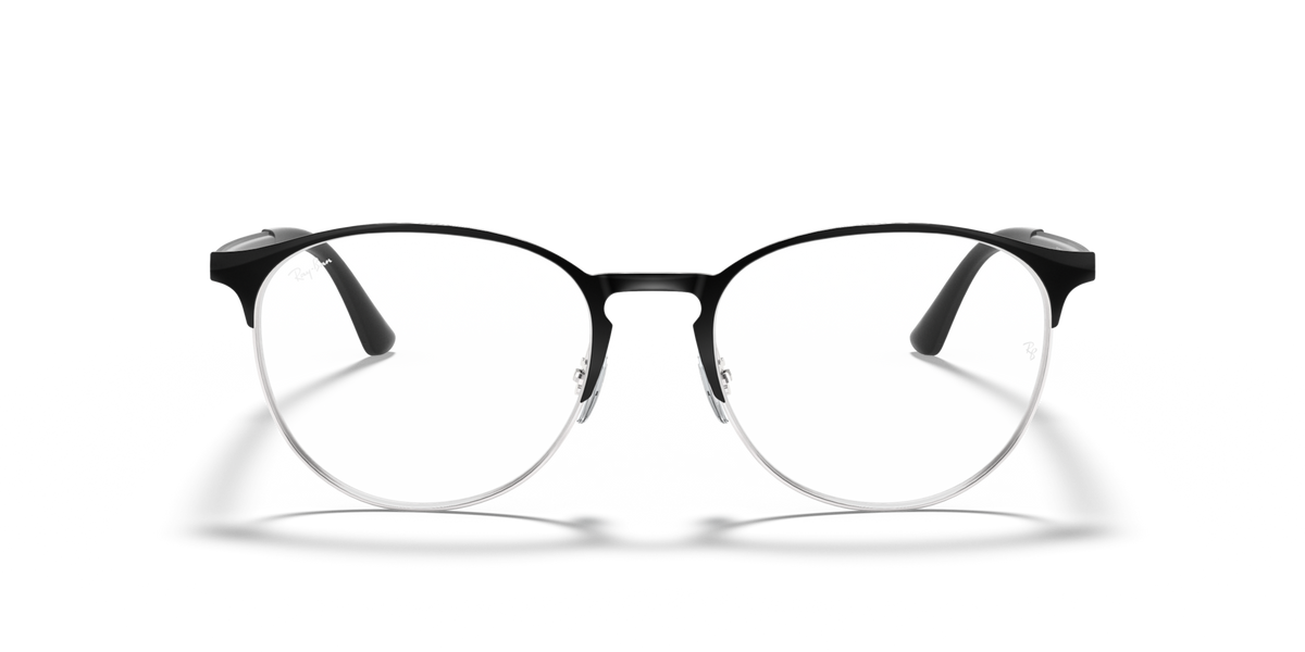 Metal prescription eyewear frames, front view with dark frame and gold-toned round lenses