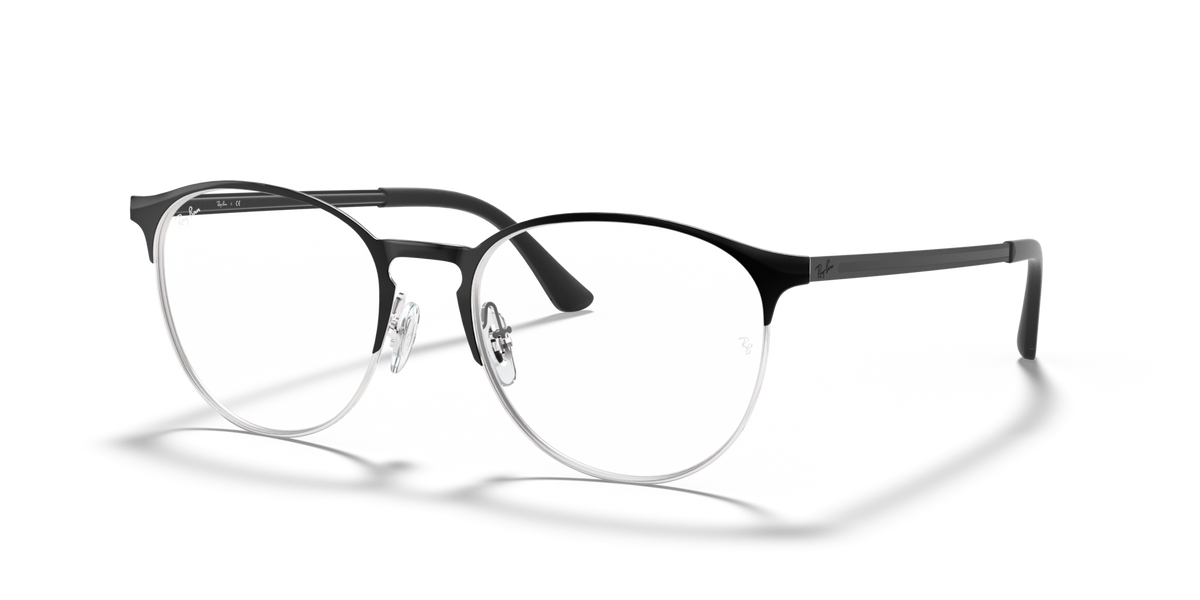 Metal prescription eyewear frames, angled view with black frame and gold-toned rims