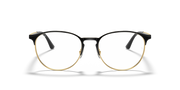 Metal prescription eyewear frames, round lenses with black frame and gold edge trim