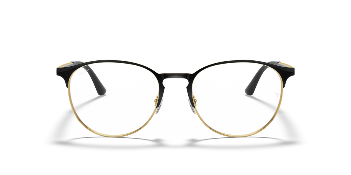 Metal prescription eyewear frames, round lenses with black frame and gold edge trim