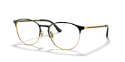 Metal prescription eyewear frames, round lenses with black frame and gold accents
