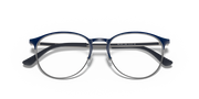 Blue eyeglass frames with silver-tone top bar and curved temples