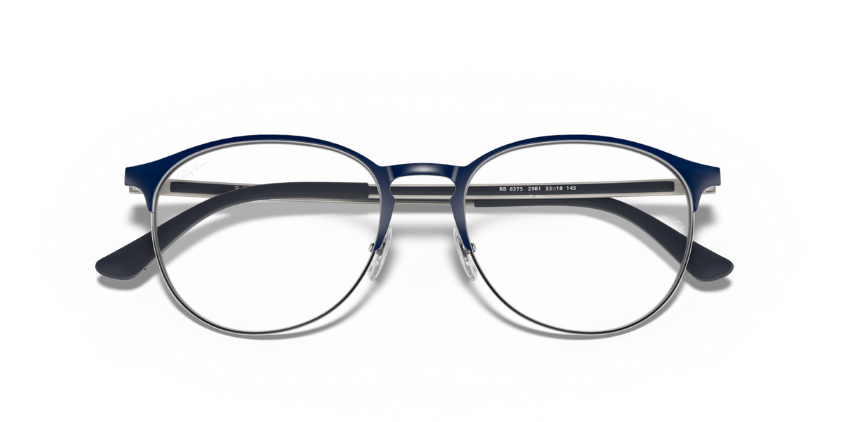 Blue eyeglass frames with silver-tone top bar and curved temples