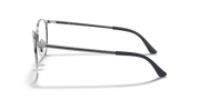 Black prescription eyeglass frames, side view with metal temple arms