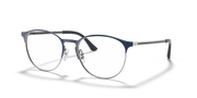 Metal prescription eyewear frames, angled view with dark blue-tinted arms and gold accents
