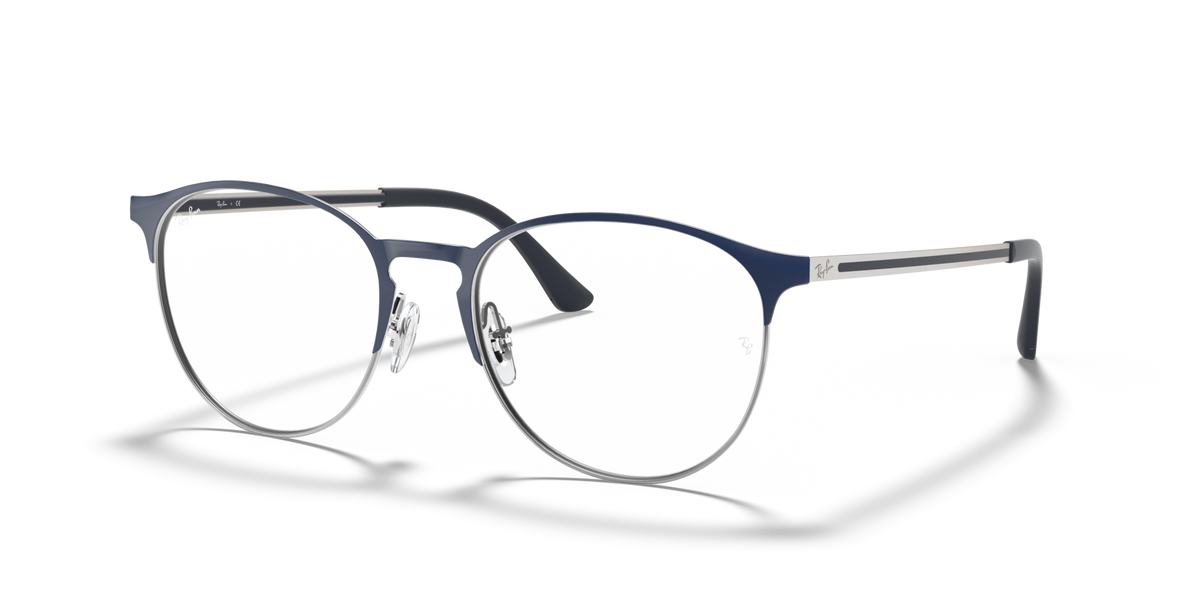 Metal prescription eyewear frames, angled view with dark blue-tinted arms and gold accents