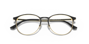 Blue-and-gold round eyeglass frames with silver-tone accents