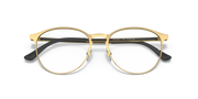 Gold-tone round eyeglass frames with dark top bar and black temple accents