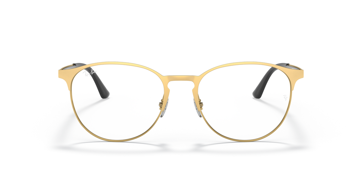 Gold-tone half-rim prescription glasses with rounded lenses and black nose pads