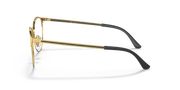 Gold-tone metal eyeglass frame, side view with black temple tips