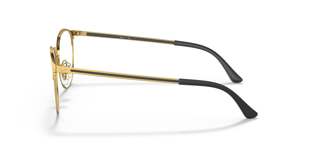Gold-tone metal eyeglass frame, side view with black temple tips