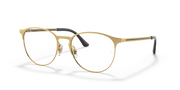 Gold-tone round eyeglass frames angled side view with dark temples