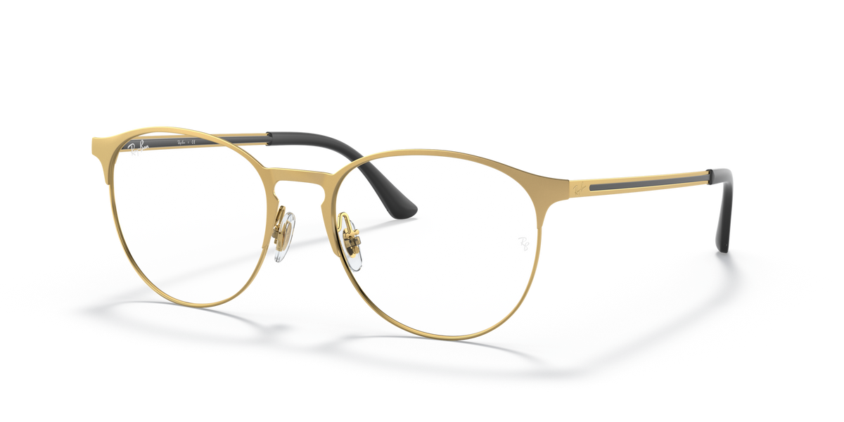 Gold-tone round eyeglass frames angled side view with dark temples