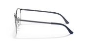 Silver-tone metal eyeglass frame, side view with black temple tips