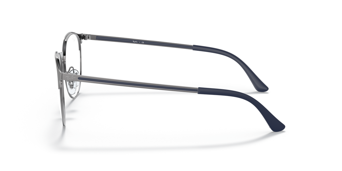 Silver-tone metal eyeglass frame, side view with black temple tips