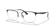 Prescription eyewear frames in dark metal with silver temples, angled front view