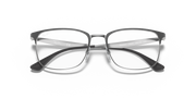 Prescription eyewear frames with clear lenses and dark metal rims, front close view