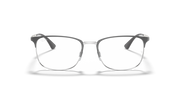 Prescription eyewear frames front view, dark metal rectangular lenses with silver temples
