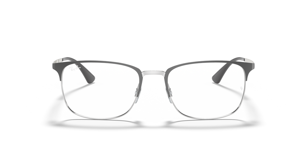 Prescription eyewear frames front view, dark metal rectangular lenses with silver temples