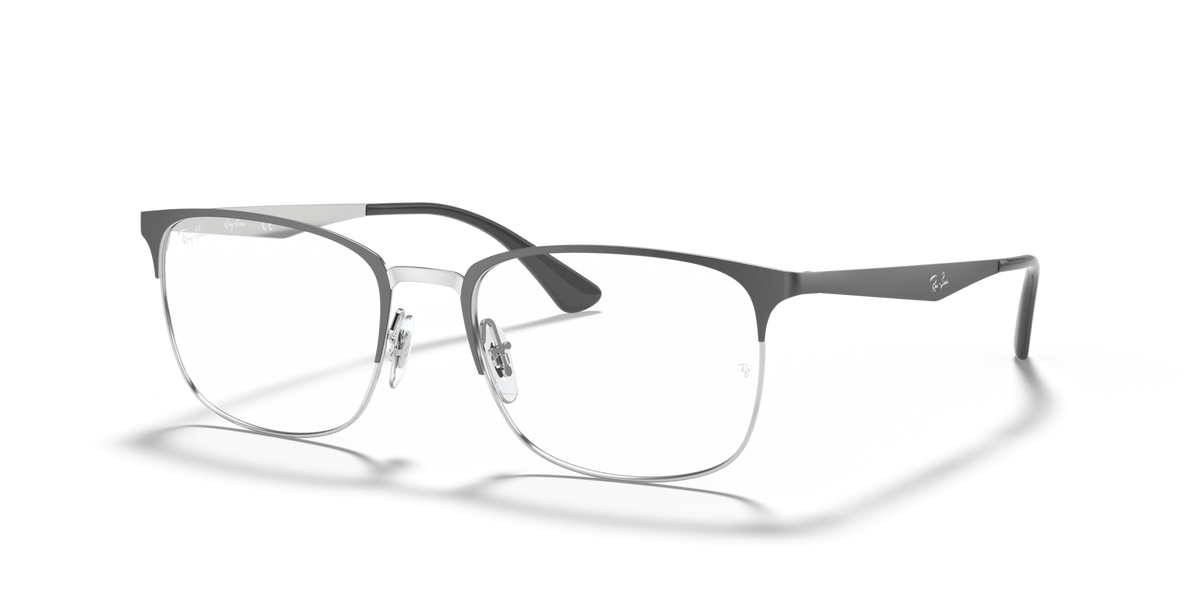 Prescription eyewear frames angled front view, dark metal with silver temple arms