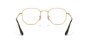 Gold-tone hexagonal prescription eyeglass frames with black temples, front view
