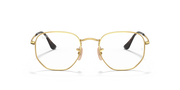 Gold-tone hexagonal prescription eyewear frames with black temple tips, front view angle