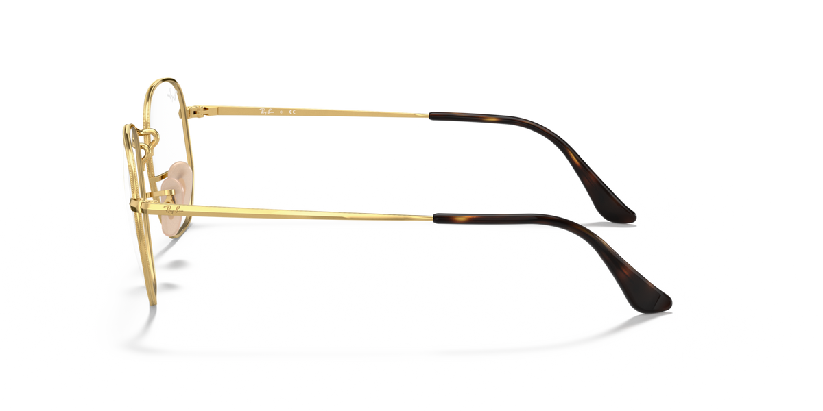 Gold and black prescription eyeglass frames with long temples, side profile