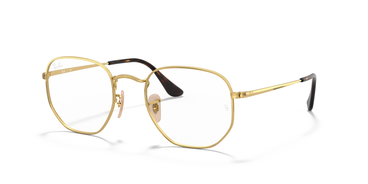 Gold-tone hexagonal prescription eyewear frames with black accents, front view