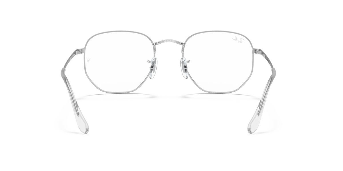 Silver hexagonal prescription eyewear frames, front view with angled temples