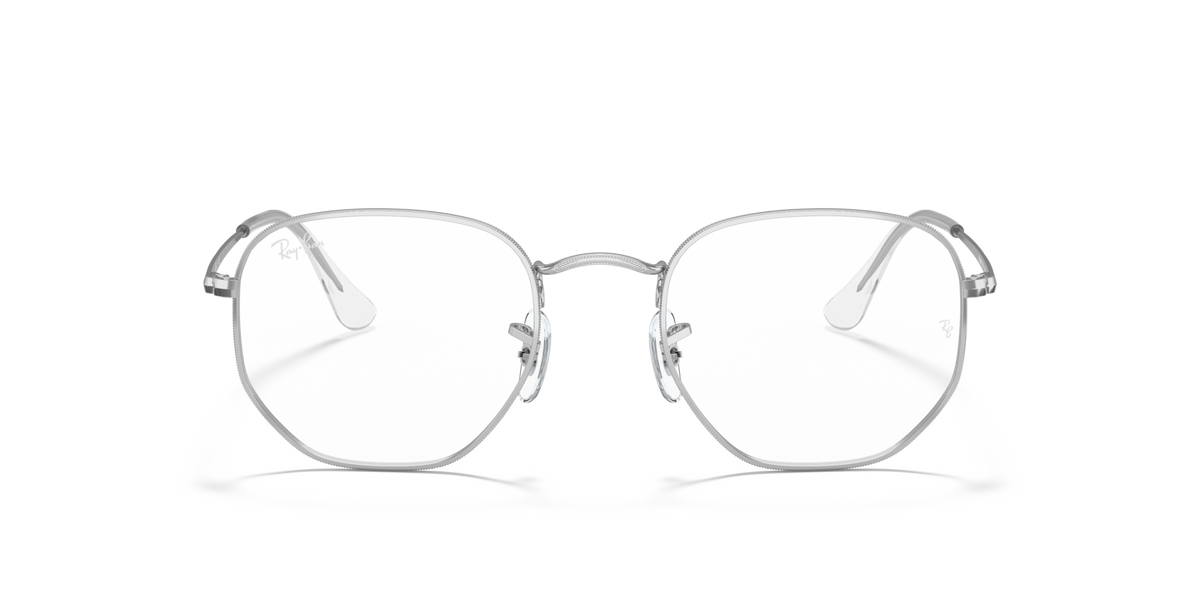 Silver hexagonal prescription frames, front view with clear lenses