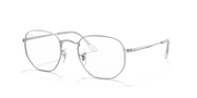 Silver hexagonal prescription eyewear frames with clear lenses and hinged temples