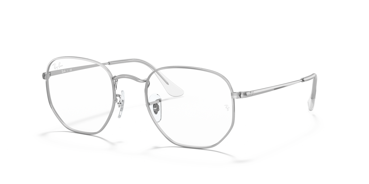Silver hexagonal prescription eyewear frames with clear lenses and hinged temples