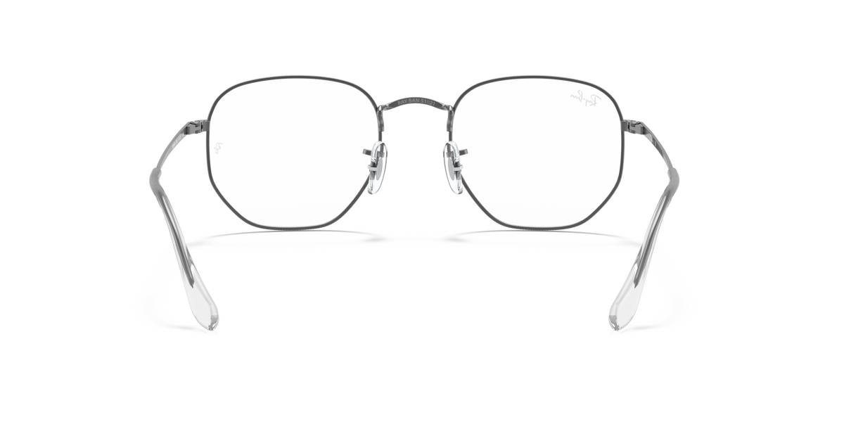 Silver hexagonal prescription eyewear frames, front view with clear lenses
