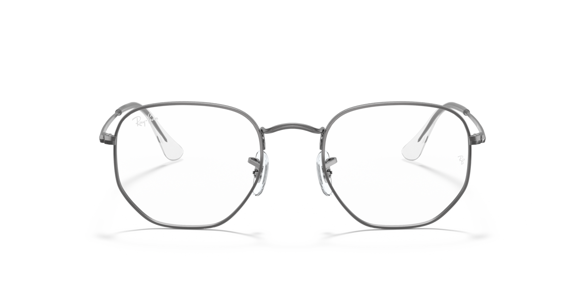 Silver hexagonal prescription frames, angled front view with visible hinge detail