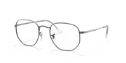 Silver hexagonal prescription eyewear frames with clear lenses, three-quarter front