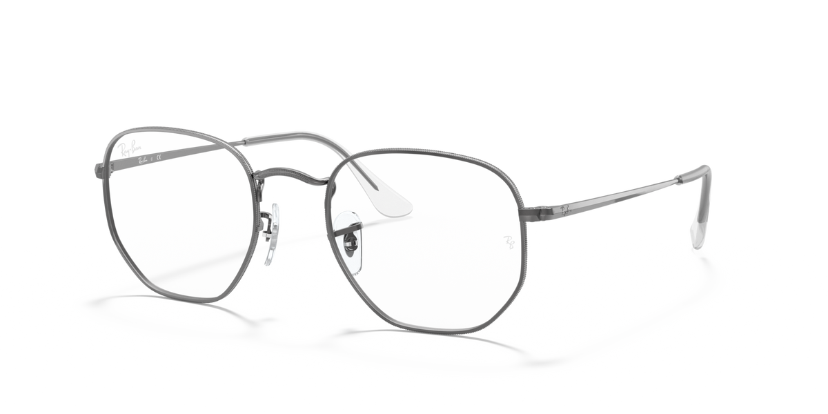 Silver hexagonal prescription eyewear frames with clear lenses, three-quarter front